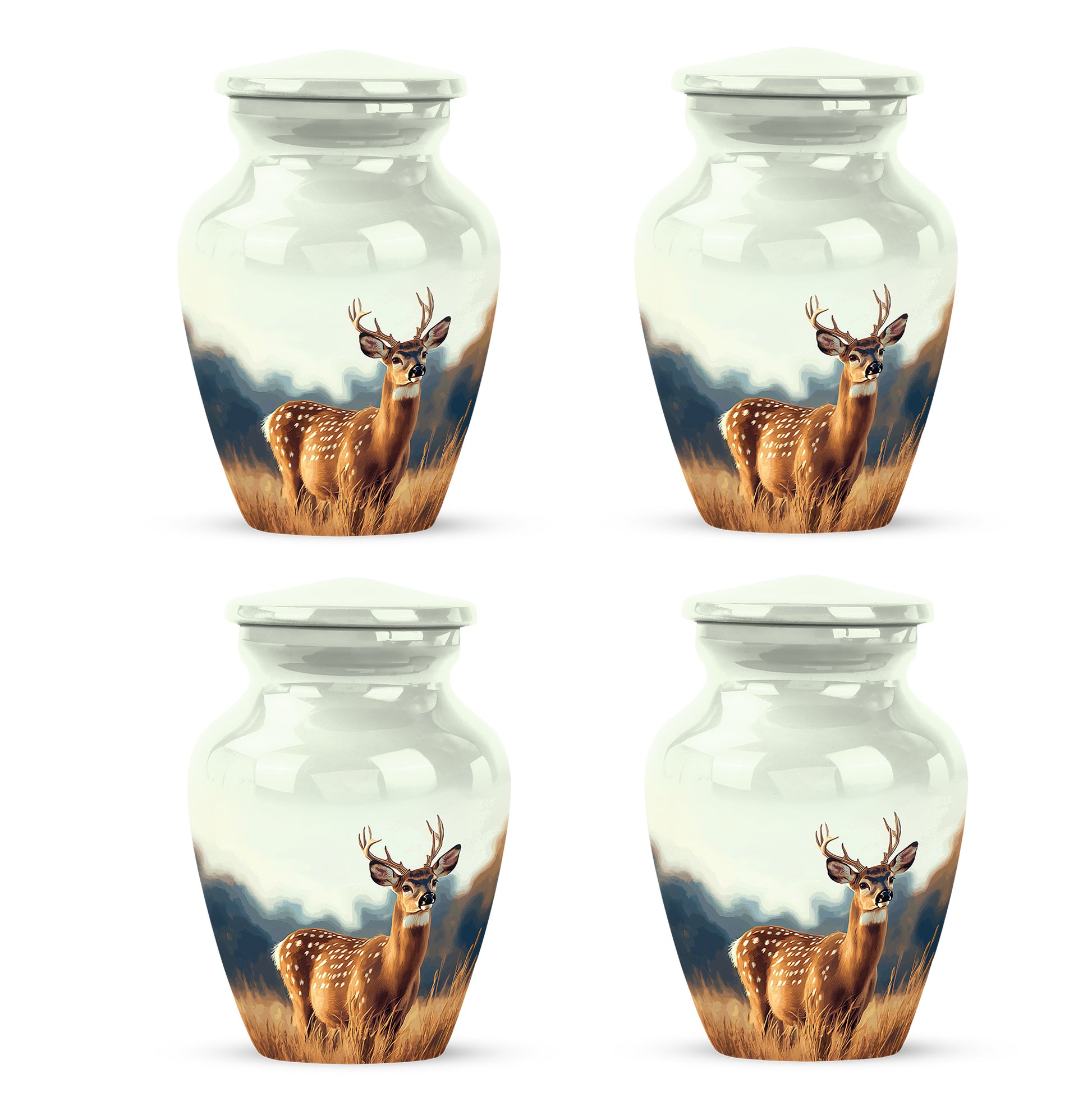Frosted Silver Deer Cremation Urn side profile showing urn shape - elegant classic deer relief with fine detailing - 10 inch aluminum urn for cremated remains