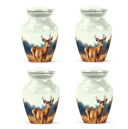Frosted Silver Deer Cremation Urn side profile showing urn shape - elegant classic deer relief with fine detailing - 10 inch aluminum urn for cremated remains