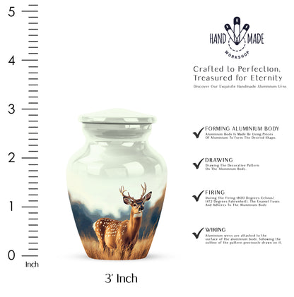 Chrome Silver Deer Cremation Urn close-up of engraving and surface detail - traditional deer engraving with hand-polished finish - mini keepsake memorial for portion of cremation ashes