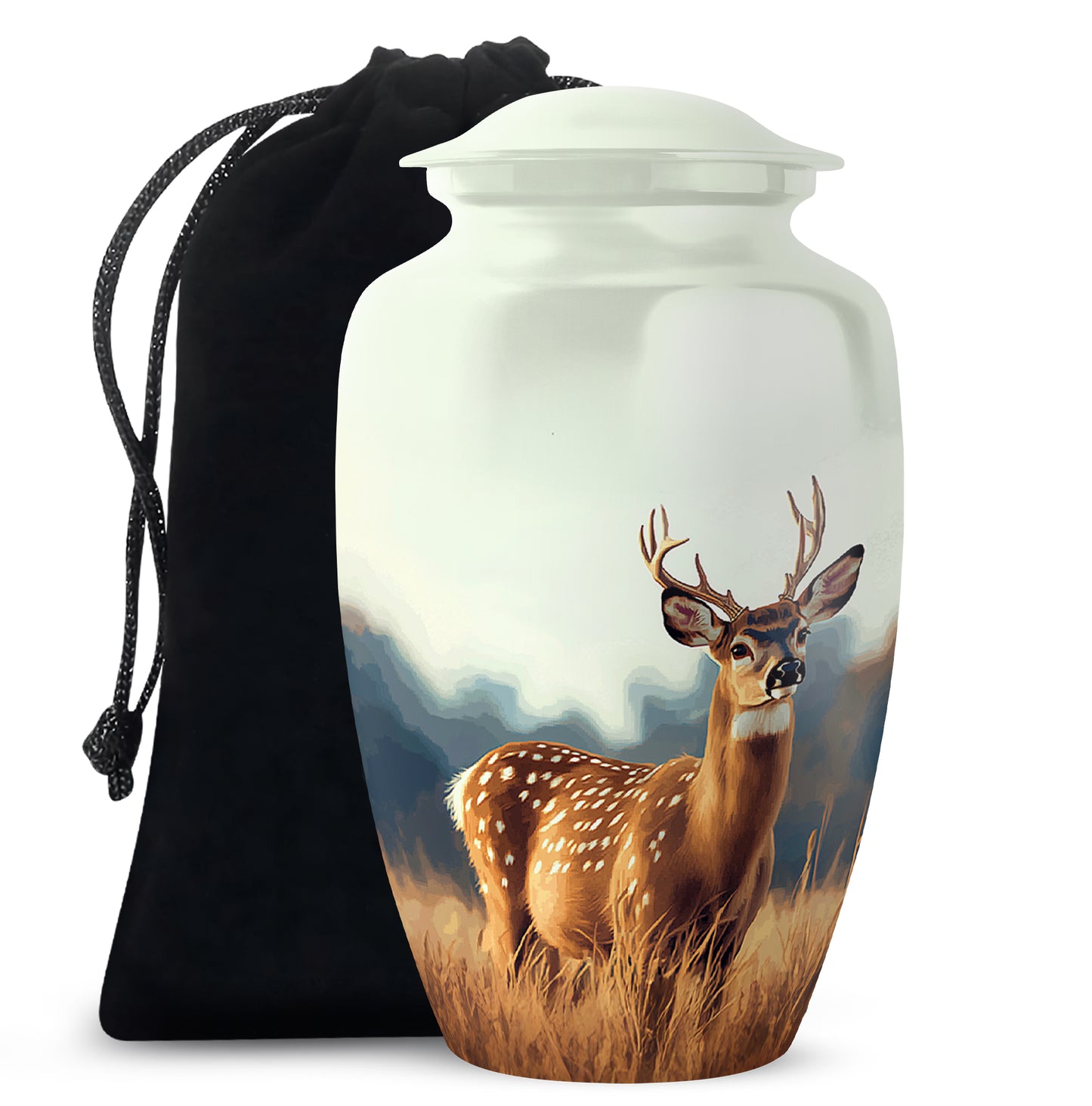 Antique Silver Deer Cremation Urn angled view of lid and engraved motif - traditional deer engraving with hand-polished finish - full-size 10 inch 200 cubic inch adult cremation urn