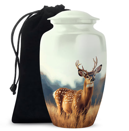 Antique Silver Deer Cremation Urn angled view of lid and engraved motif - traditional deer engraving with hand-polished finish - full-size 10 inch 200 cubic inch adult cremation urn