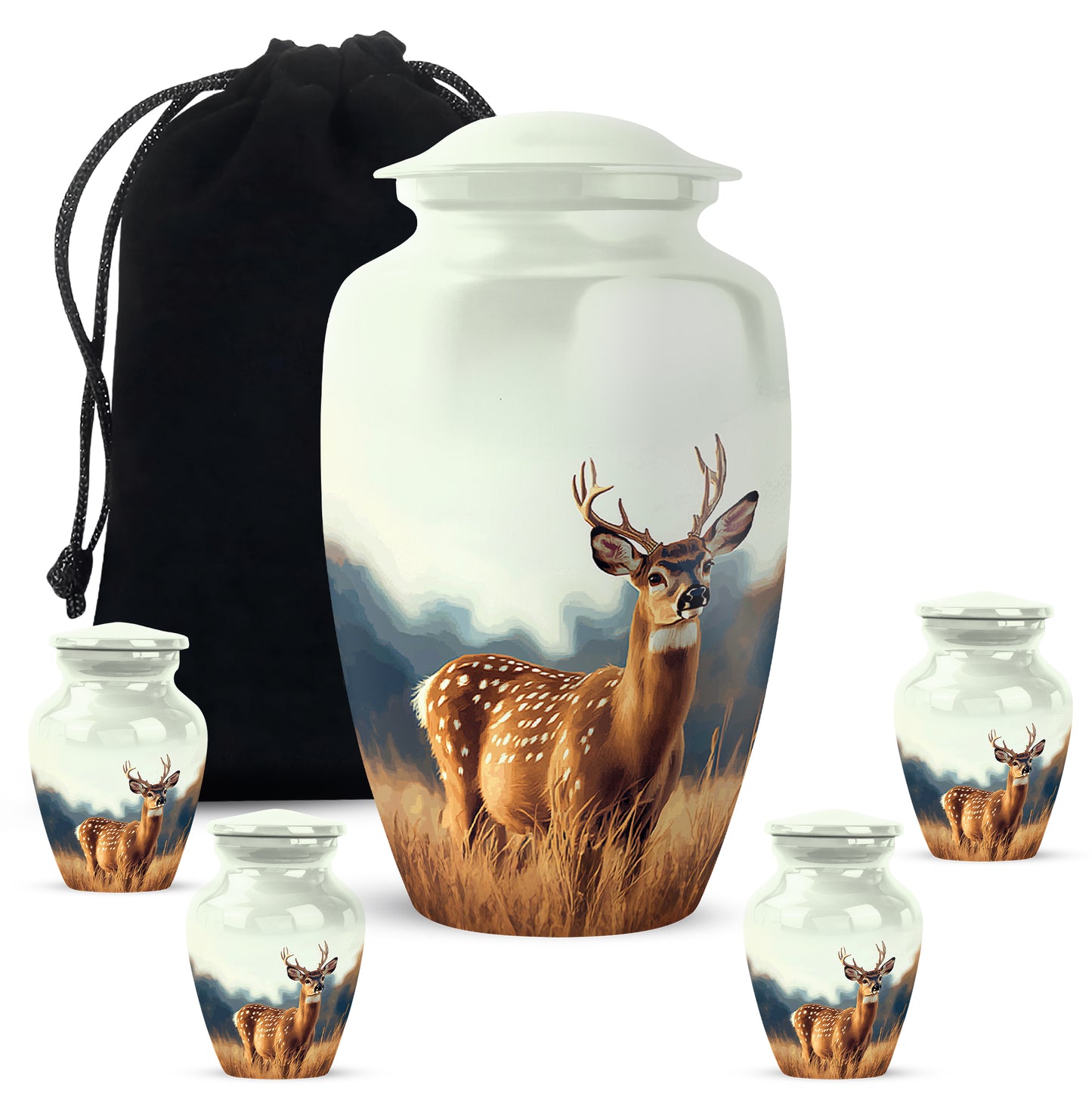 Platinum Silver Deer Cremation Urn top-down view of secure threaded lid - classic sculpted deer pattern on smooth aluminum - memorial set with one large and four small urns