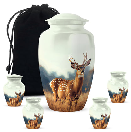 Platinum Silver Deer Cremation Urn top-down view of secure threaded lid - classic sculpted deer pattern on smooth aluminum - memorial set with one large and four small urns