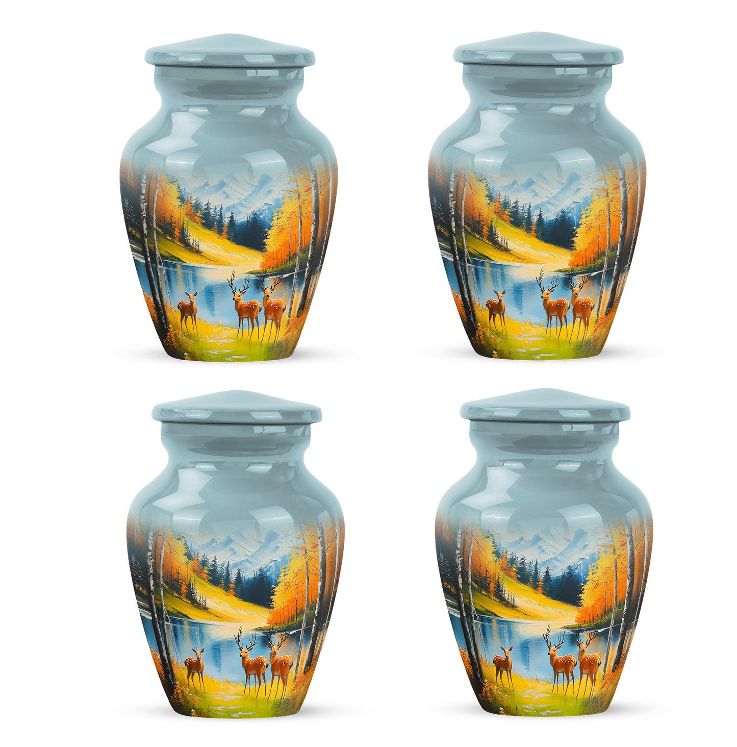 Cool Teal Deer Cremation Urn side profile showing urn shape - classic sculpted deer pattern on smooth aluminum - 10 inch aluminum urn for cremated remains