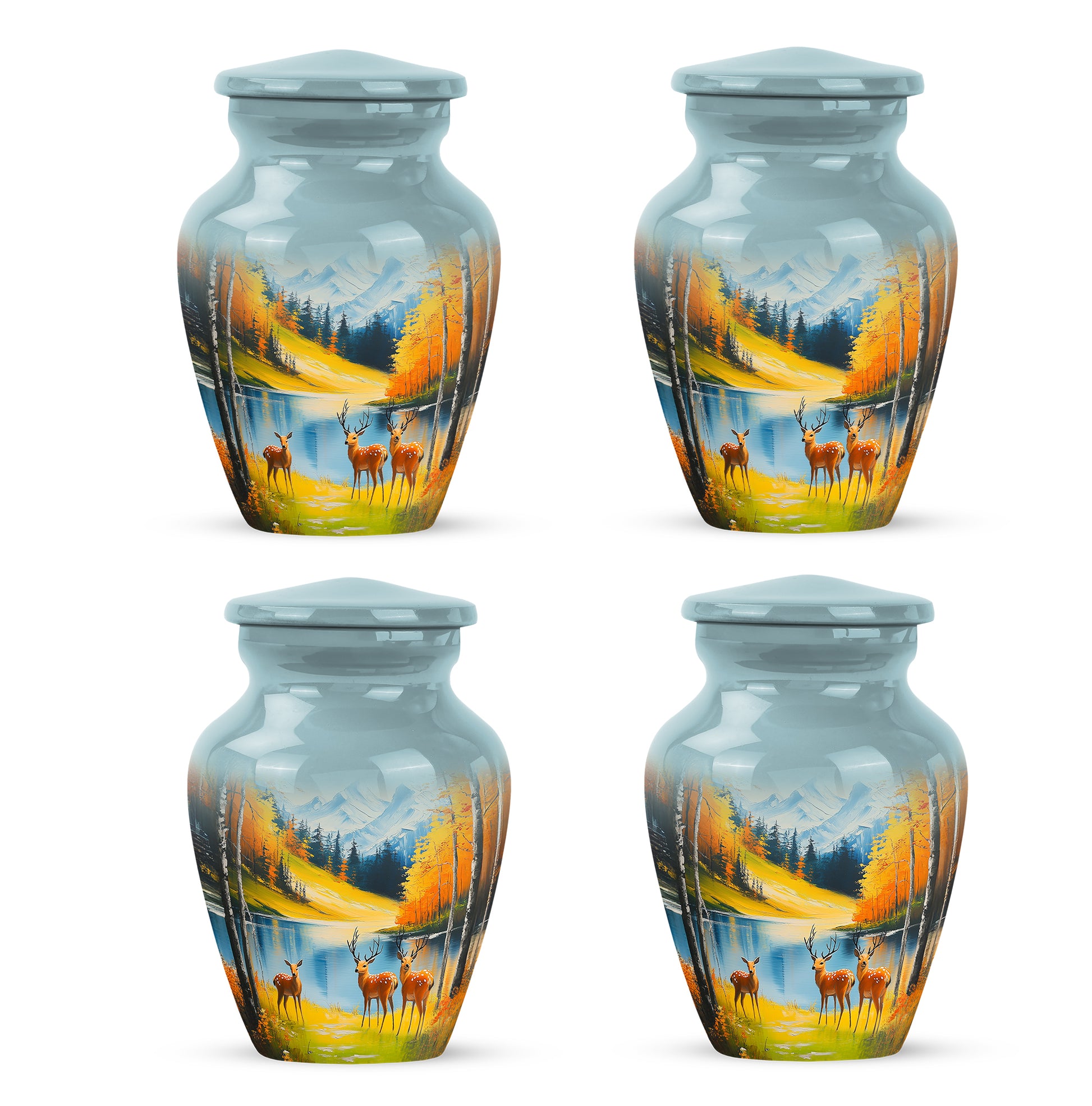 Cool Teal Deer Cremation Urn side profile showing urn shape - classic sculpted deer pattern on smooth aluminum - 10 inch aluminum urn for cremated remains