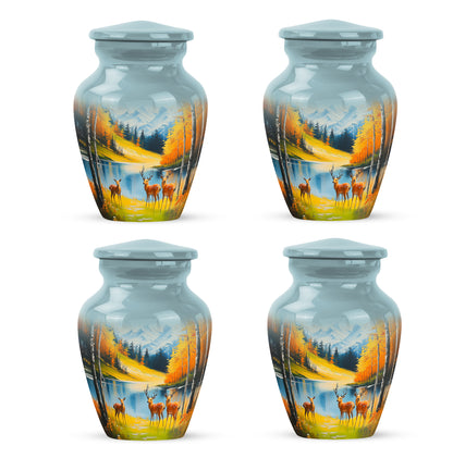 Cool Teal Deer Cremation Urn side profile showing urn shape - classic sculpted deer pattern on smooth aluminum - 10 inch aluminum urn for cremated remains