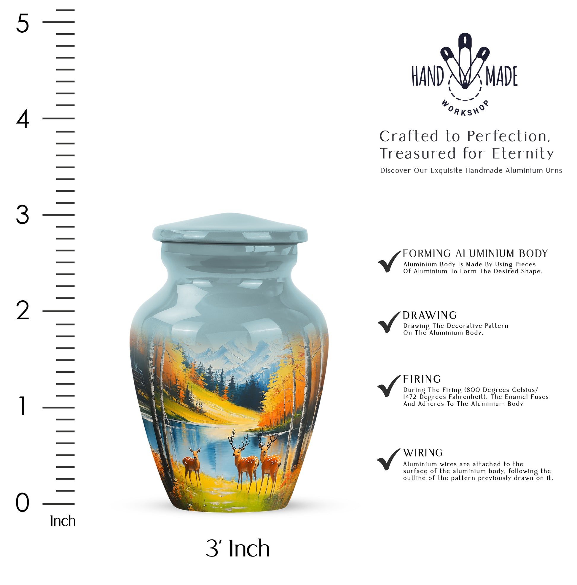 Aqua Teal Deer Cremation Urn close-up of engraving and surface detail - traditional deer engraving with hand-polished finish - mini keepsake memorial for portion of cremation ashes