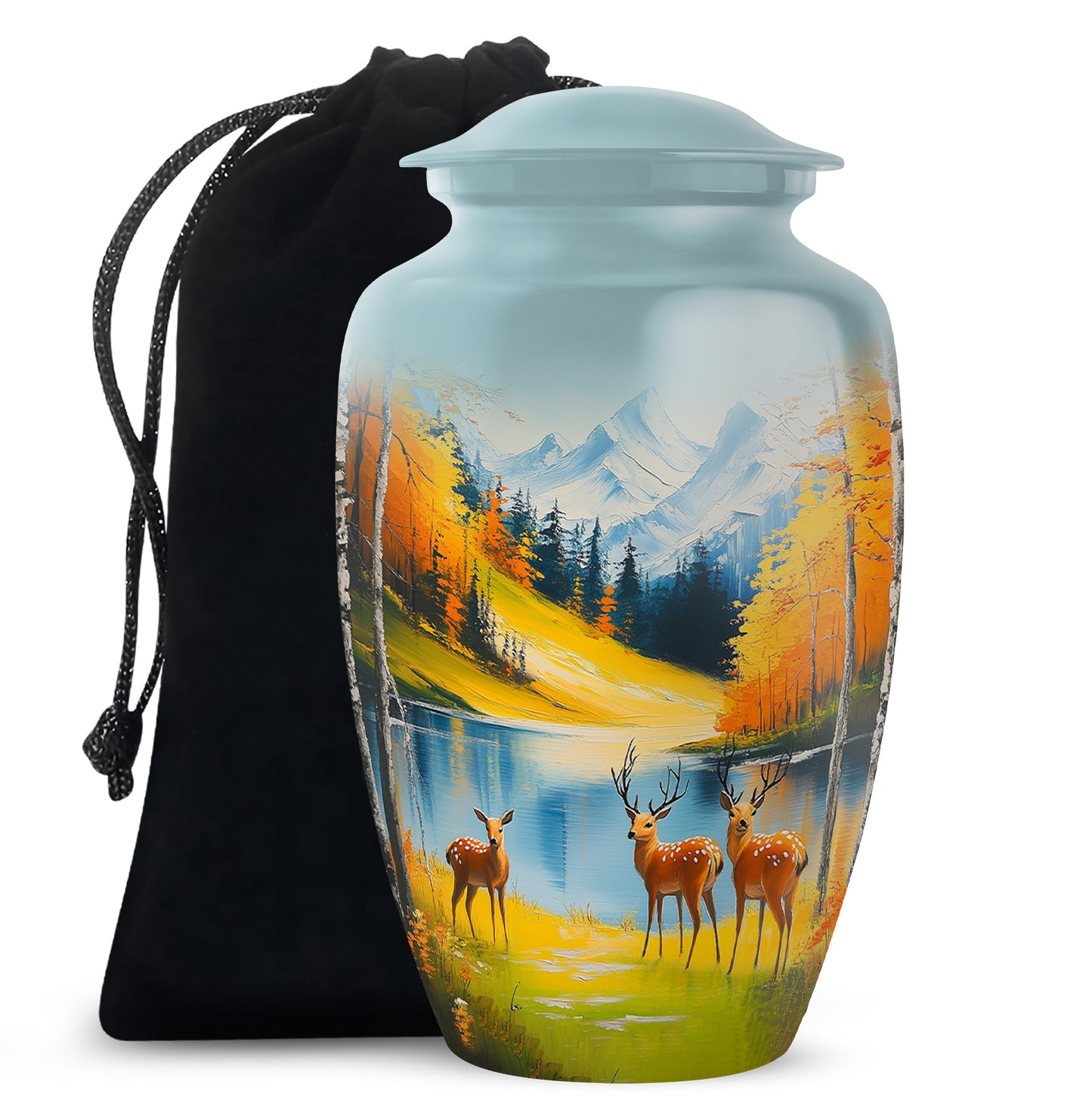 Deep Teal Deer Cremation Urn angled view of lid and engraved motif - elegant classic deer relief with fine detailing - full-size 10 inch 200 cubic inch adult cremation urn