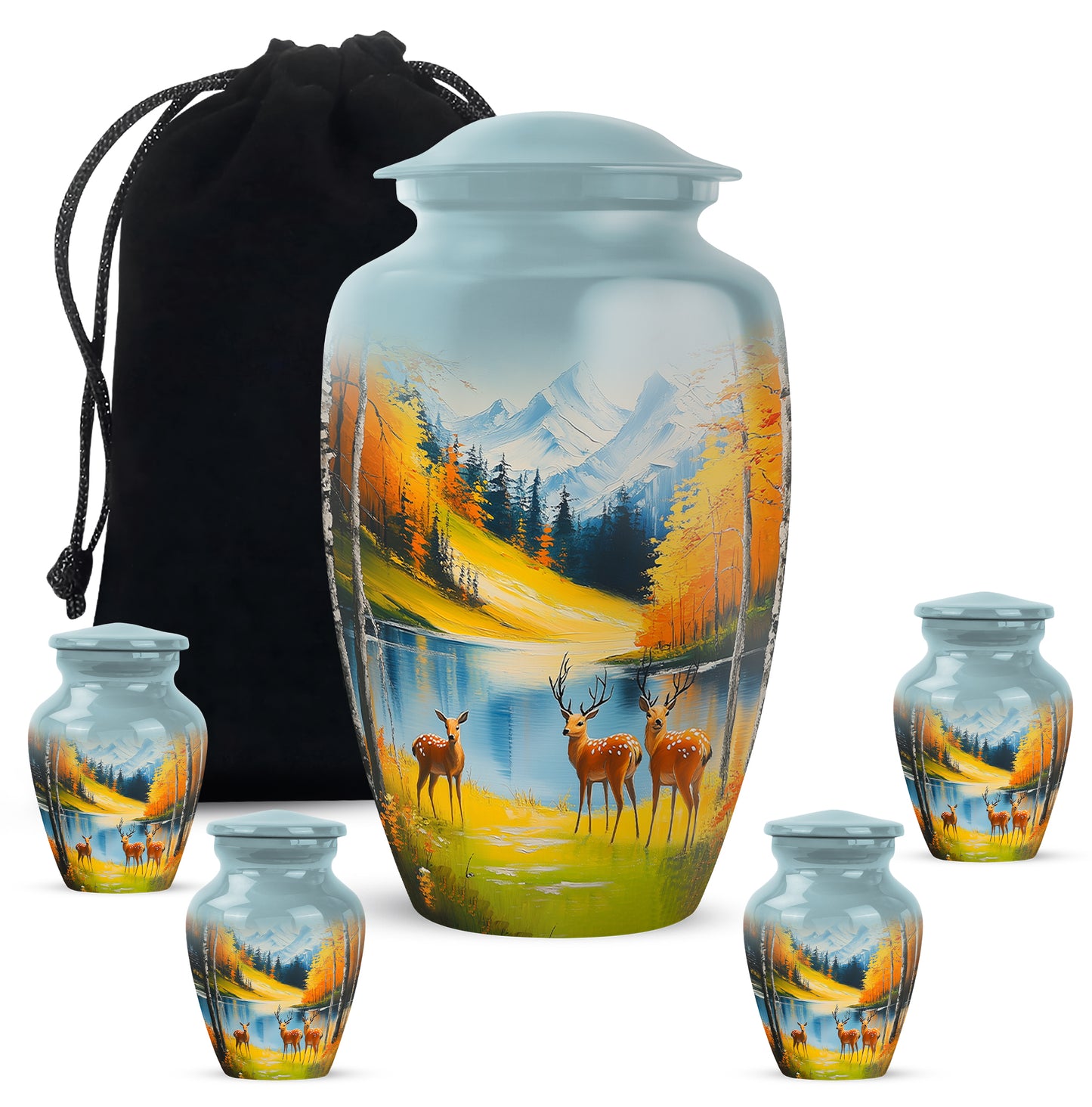 Cool Teal Deer Cremation Urn top-down view of secure threaded lid - timeless deer motif etched into premium metal - memorial set with one large and four small urns