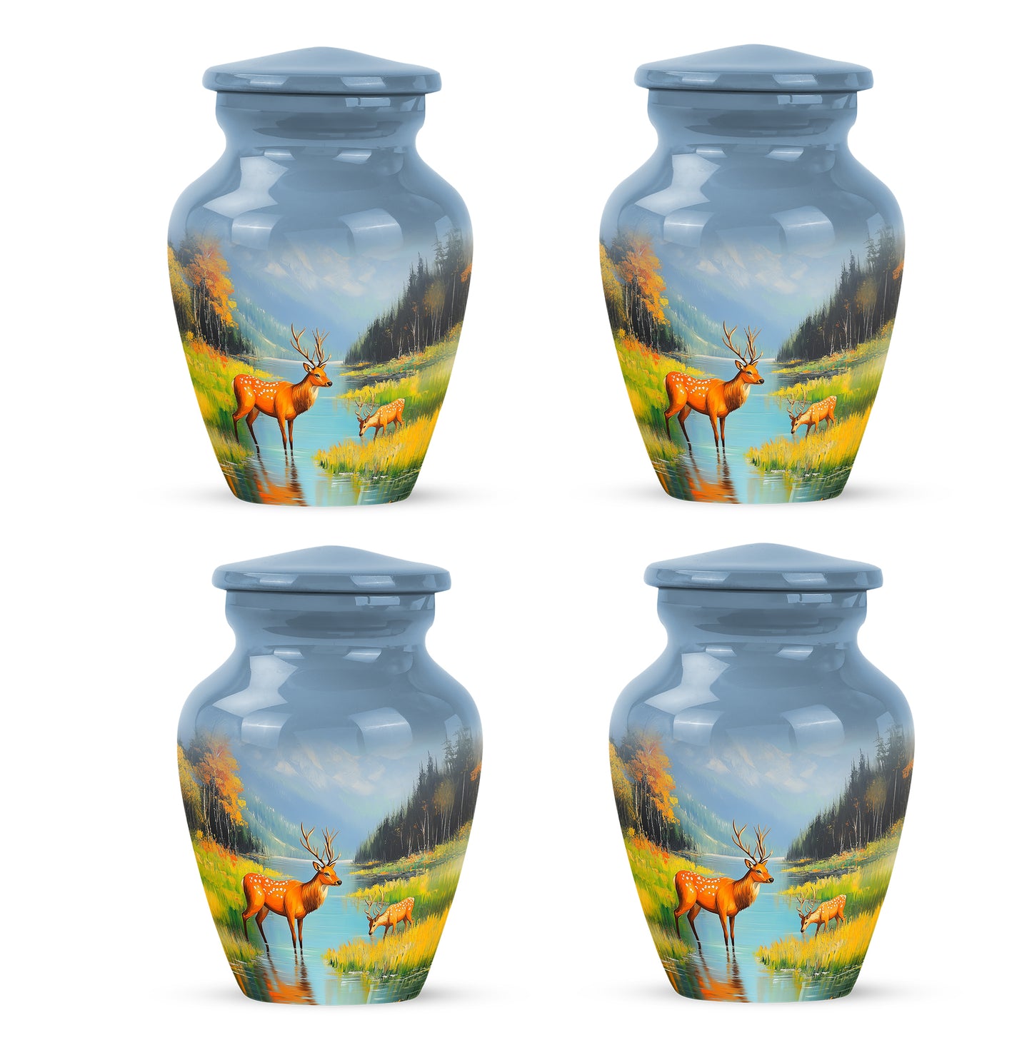 Misty Blue Deer Cremation Urn side profile showing urn shape - classic sculpted deer pattern on smooth aluminum - 10 inch aluminum urn for cremated remains
