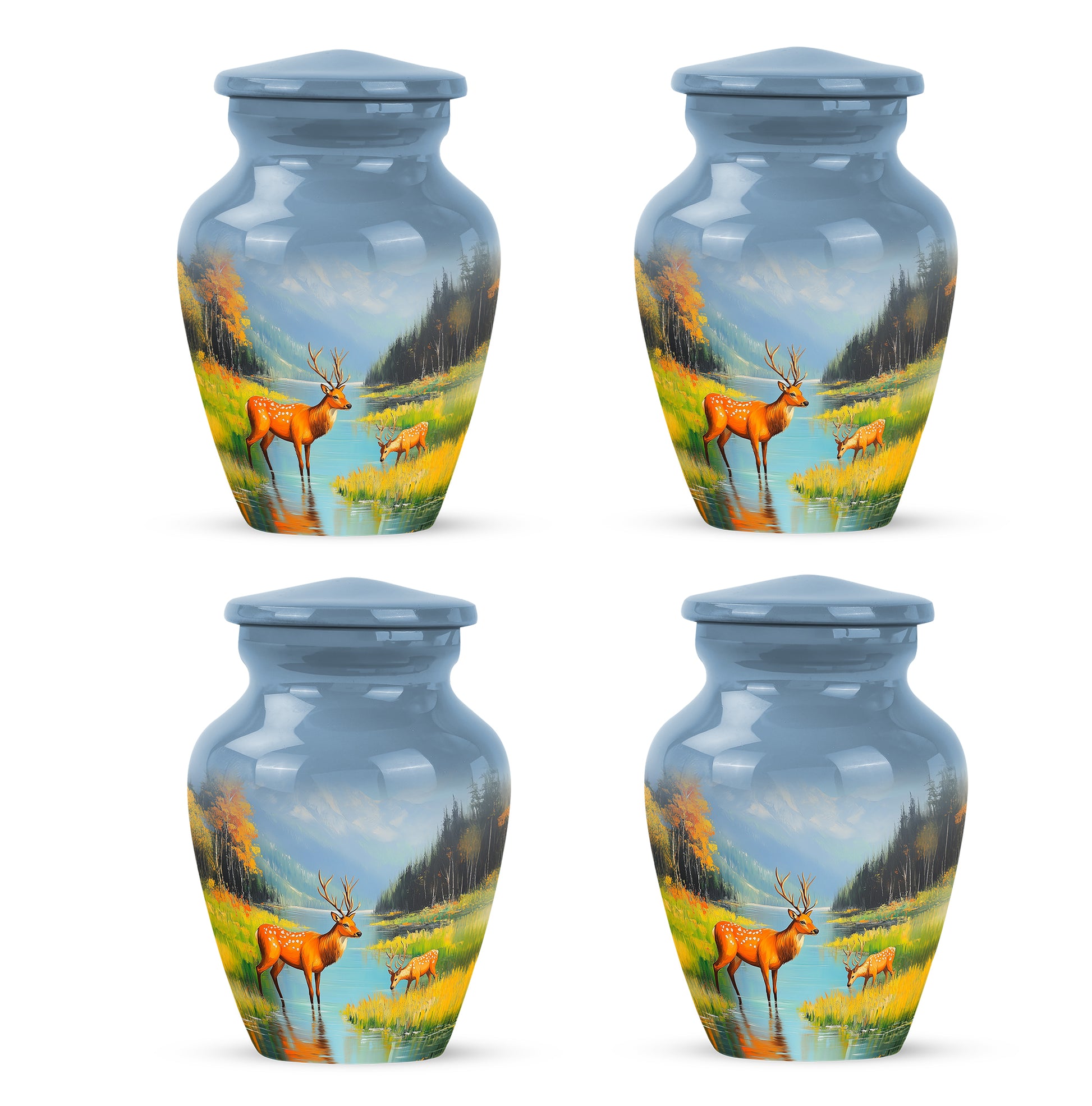 Misty Blue Deer Cremation Urn side profile showing urn shape - classic sculpted deer pattern on smooth aluminum - 10 inch aluminum urn for cremated remains