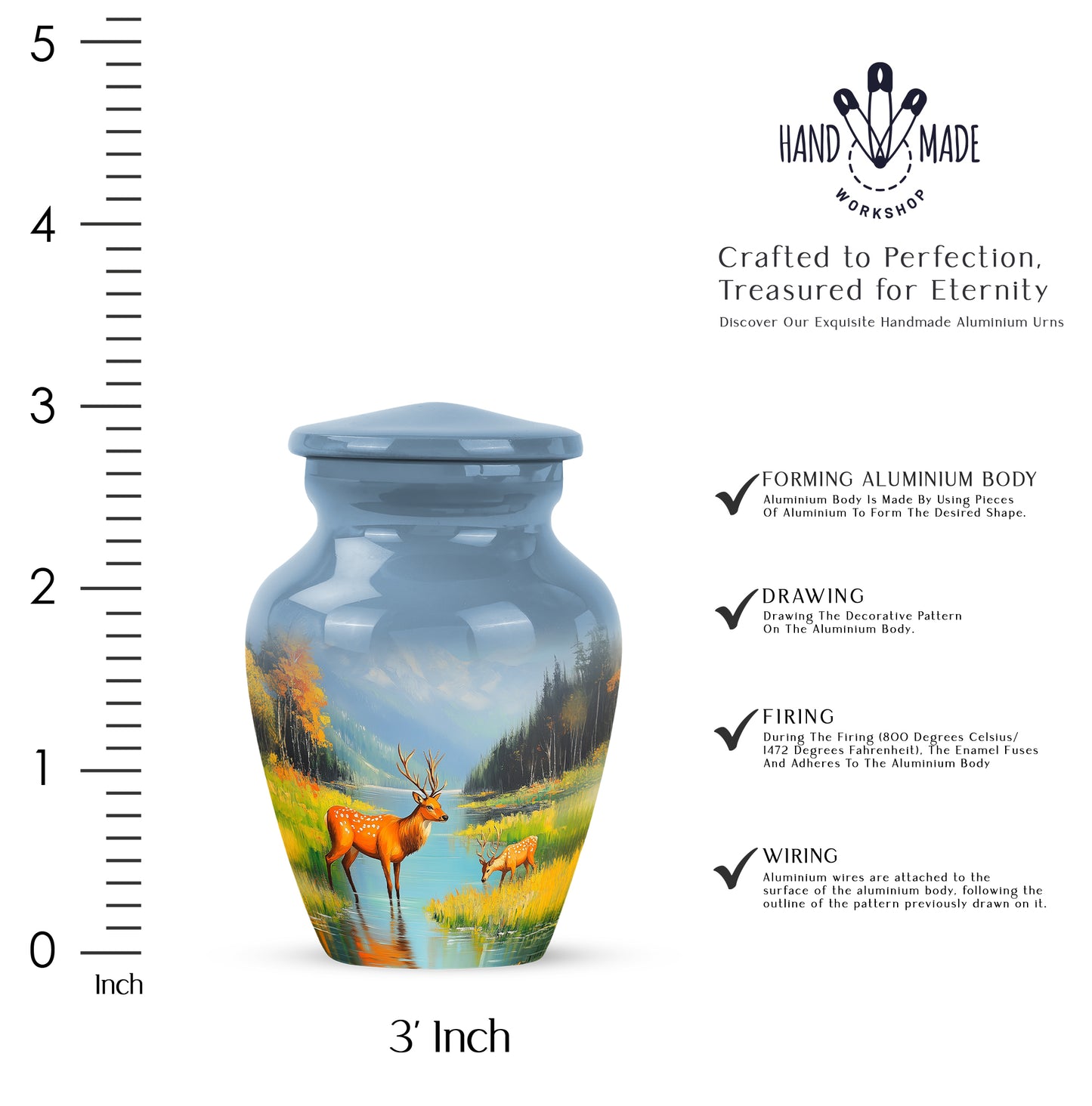 Sky Blue Deer Cremation Urn close-up of engraving and surface detail - timeless deer motif etched into premium metal - mini keepsake memorial for portion of cremation ashes