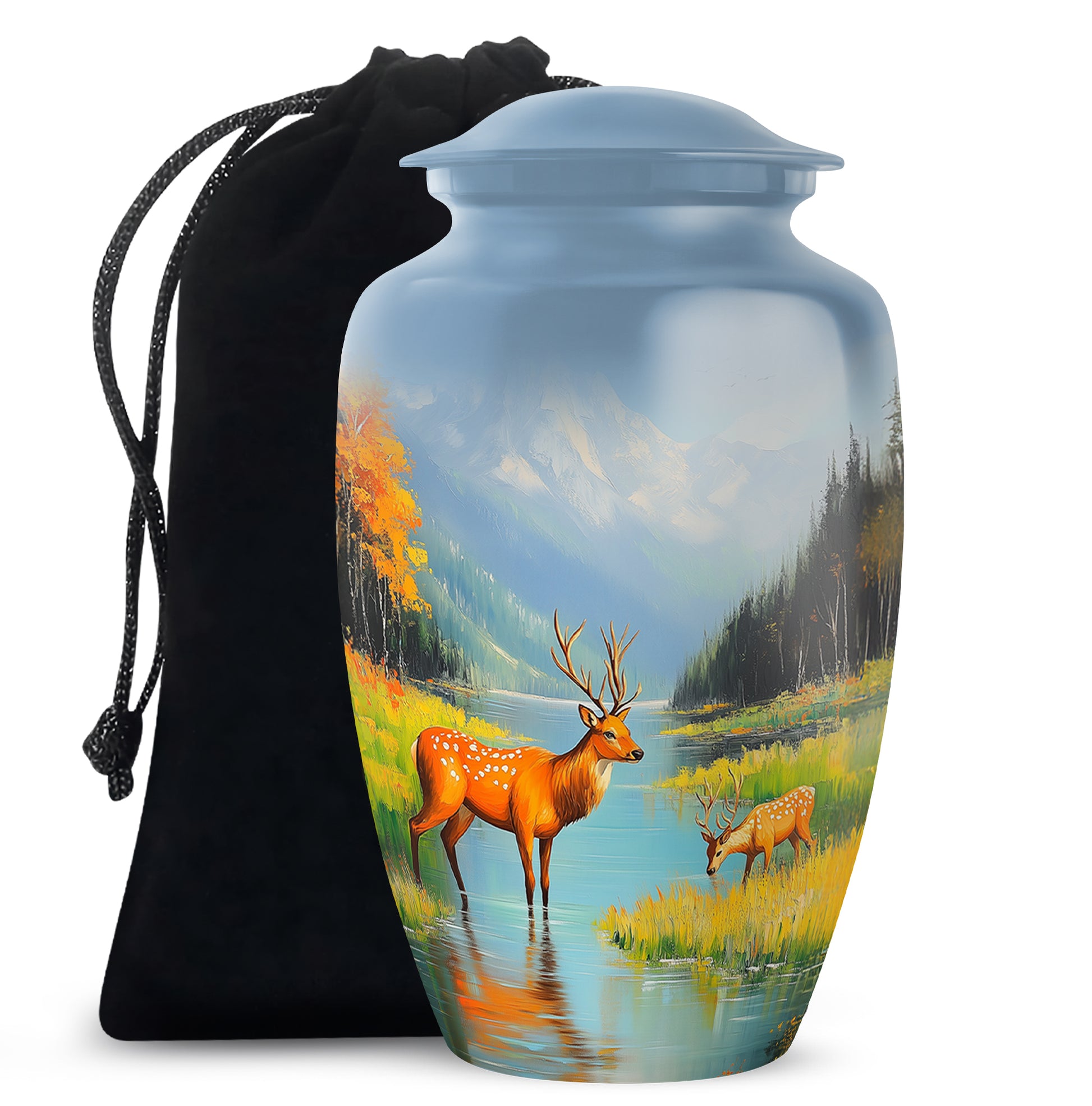 Steel Blue Deer Cremation Urn angled view of lid and engraved motif - traditional deer engraving with hand-polished finish - full-size 10 inch 200 cubic inch adult cremation urn