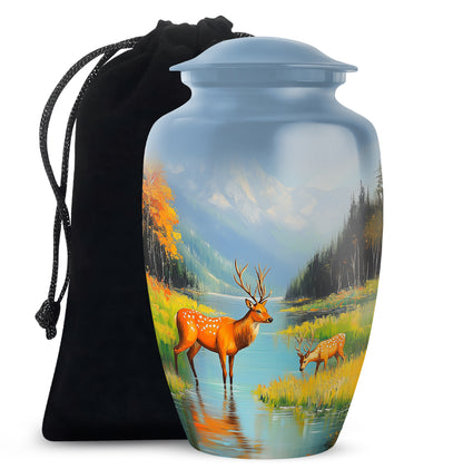 Steel Blue Deer Cremation Urn angled view of lid and engraved motif - traditional deer engraving with hand-polished finish - full-size 10 inch 200 cubic inch adult cremation urn