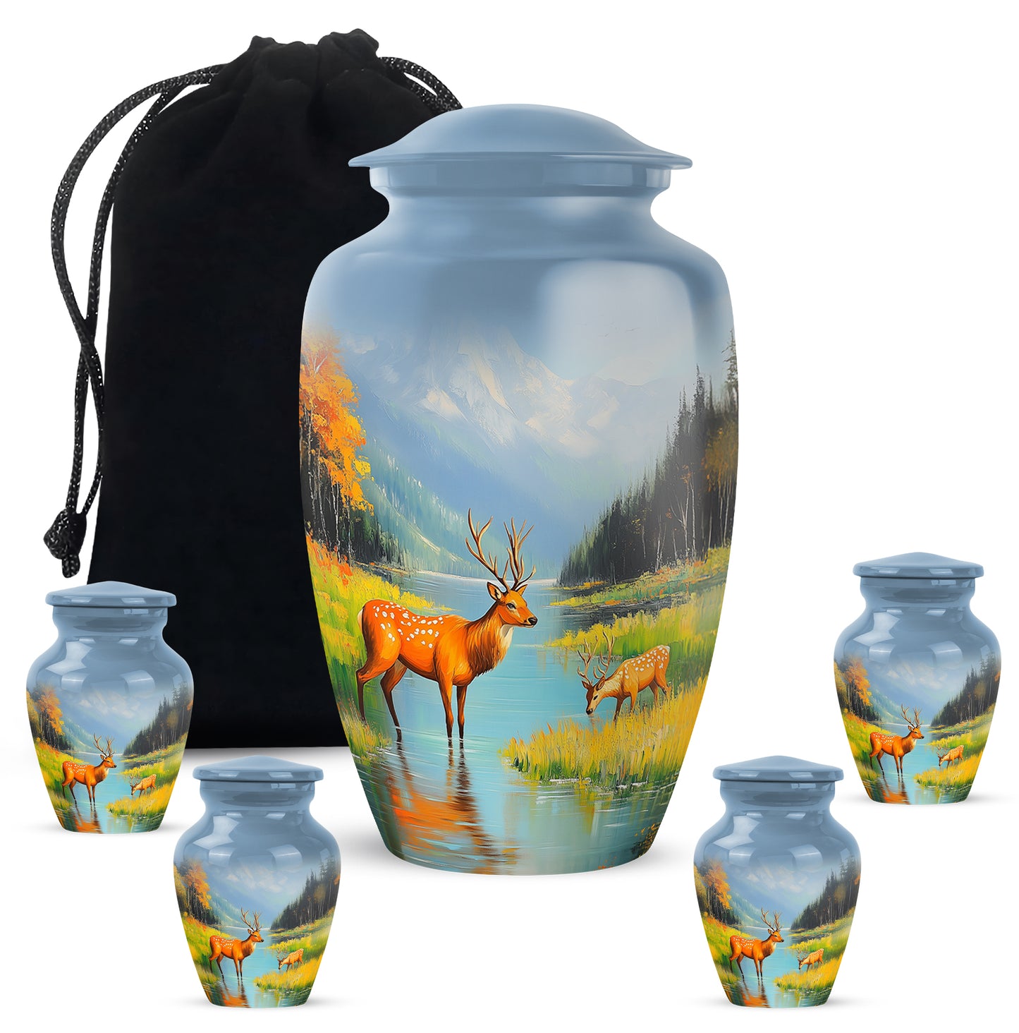 Celestial Blue Deer Cremation Urn top-down view of secure threaded lid - timeless deer motif etched into premium metal - memorial set with one large and four small urns