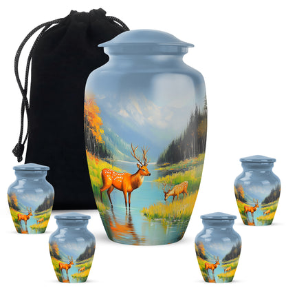 Celestial Blue Deer Cremation Urn top-down view of secure threaded lid - timeless deer motif etched into premium metal - memorial set with one large and four small urns