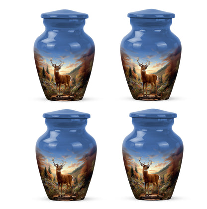Soft Blue Deer Cremation Urn side profile showing urn shape - traditional deer engraving with hand-polished finish - 10 inch aluminum urn for cremated remains
