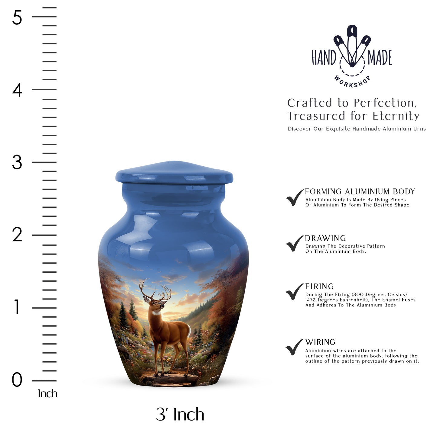 Soft Blue Deer Cremation Urn close-up of engraving and surface detail - traditional deer engraving with hand-polished finish - mini keepsake memorial for portion of cremation ashes