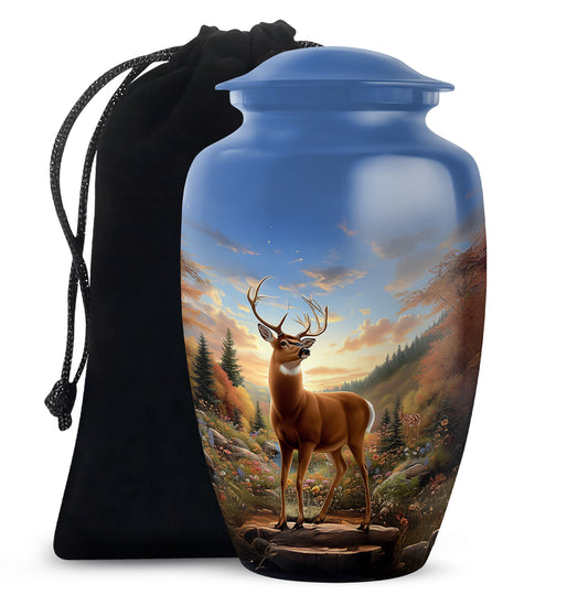 Bright Blue Deer Cremation Urn angled view of lid and engraved motif - elegant classic deer relief with fine detailing - full-size 10 inch 200 cubic inch adult cremation urn