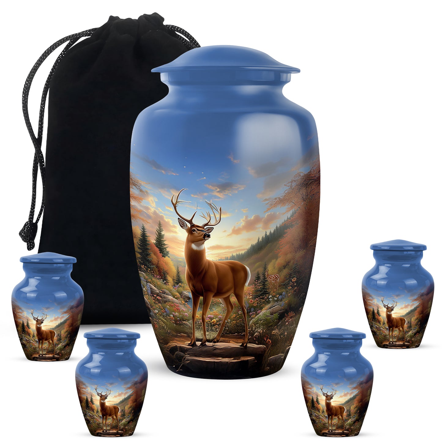 Cornflower Blue Deer Cremation Urn top-down view of secure threaded lid - traditional deer engraving with hand-polished finish - memorial set with one large and four small urns