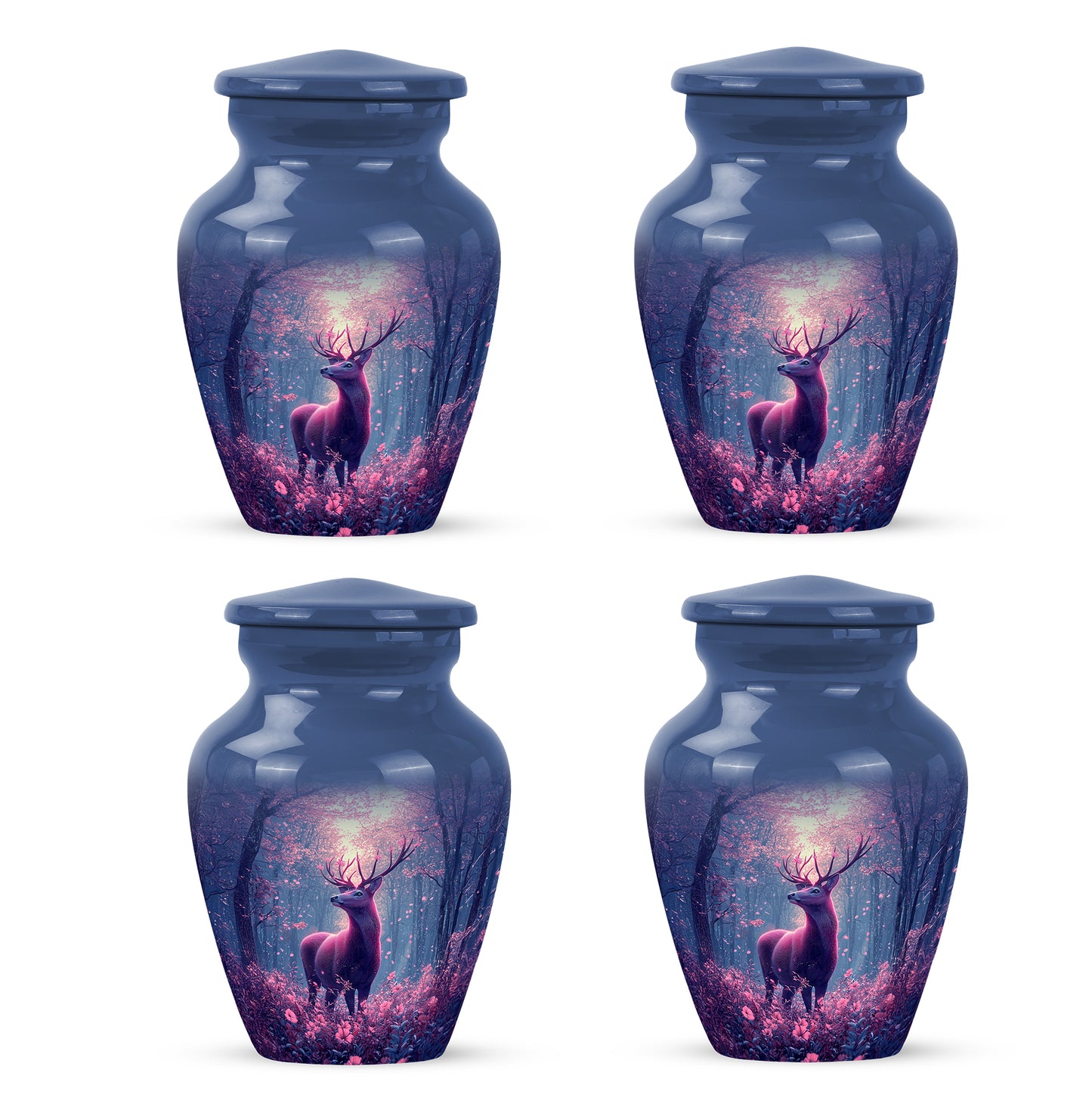 Serene Blue Deer Cremation Urn side profile showing urn shape - elegant classic deer relief with fine detailing - 10 inch aluminum urn for cremated remains