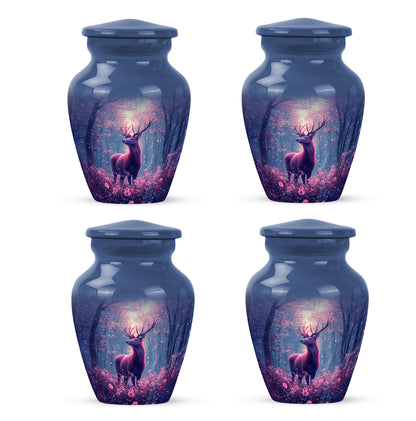 Serene Blue Deer Cremation Urn side profile showing urn shape - elegant classic deer relief with fine detailing - 10 inch aluminum urn for cremated remains