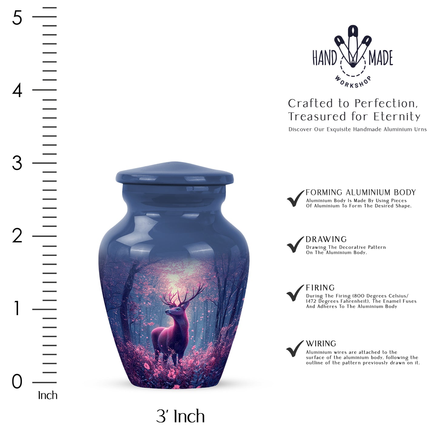 Soft Blue Deer Cremation Urn close-up of engraving and surface detail - traditional deer engraving with hand-polished finish - mini keepsake memorial for portion of cremation ashes