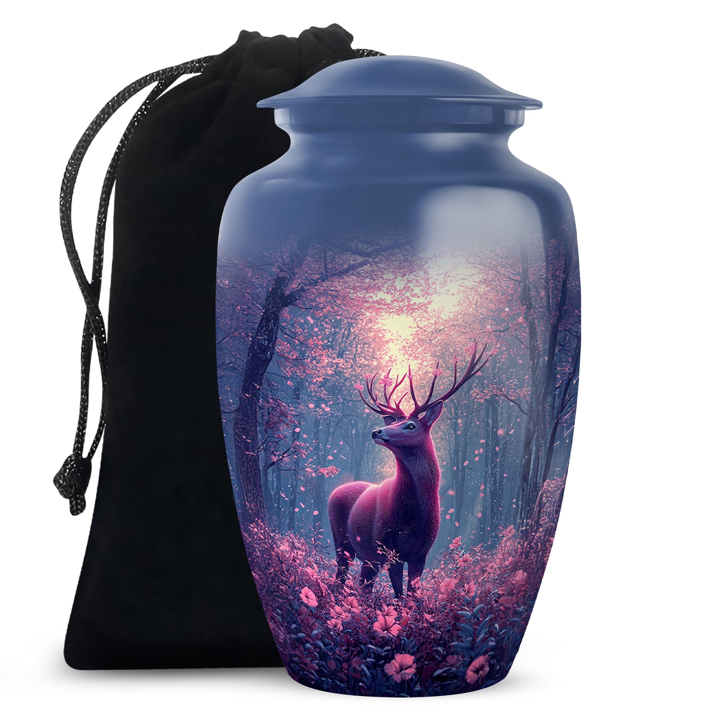 Azure Deer Cremation Urn angled view of lid and engraved motif - timeless deer motif etched into premium metal - full-size 10 inch 200 cubic inch adult cremation urn