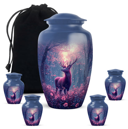 Powder Blue Deer Cremation Urn top-down view of secure threaded lid - timeless deer motif etched into premium metal - memorial set with one large and four small urns