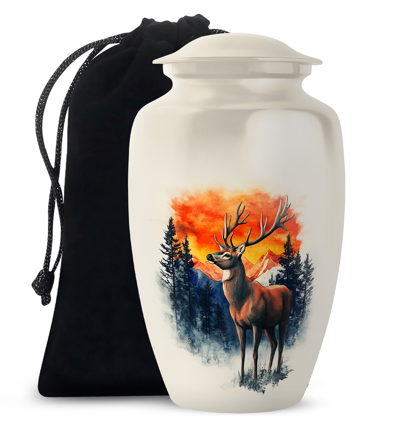 Antique Silver Deer Cremation Urn angled view of lid and engraved motif - traditional deer engraving with hand-polished finish - full-size 10 inch 200 cubic inch adult cremation urn