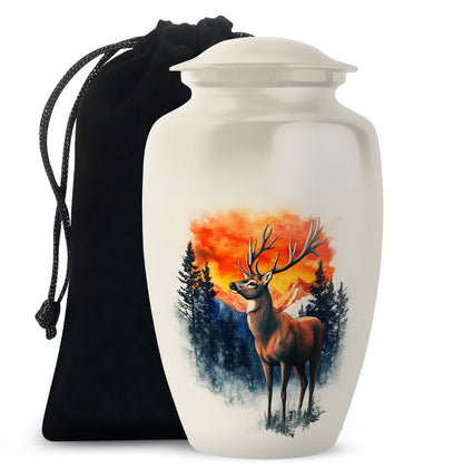 Antique Silver Deer Cremation Urn angled view of lid and engraved motif - traditional deer engraving with hand-polished finish - full-size 10 inch 200 cubic inch adult cremation urn