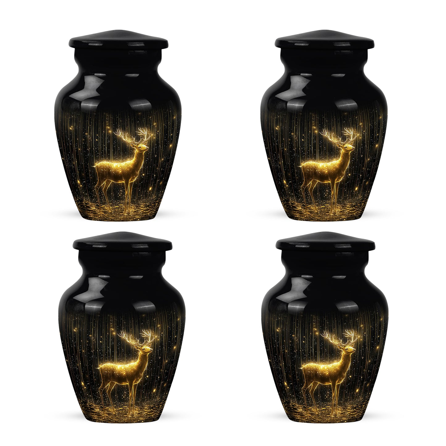 Midnight Black Deer Cremation Urn side profile showing urn shape - elegant classic deer relief with fine detailing - 10 inch aluminum urn for cremated remains