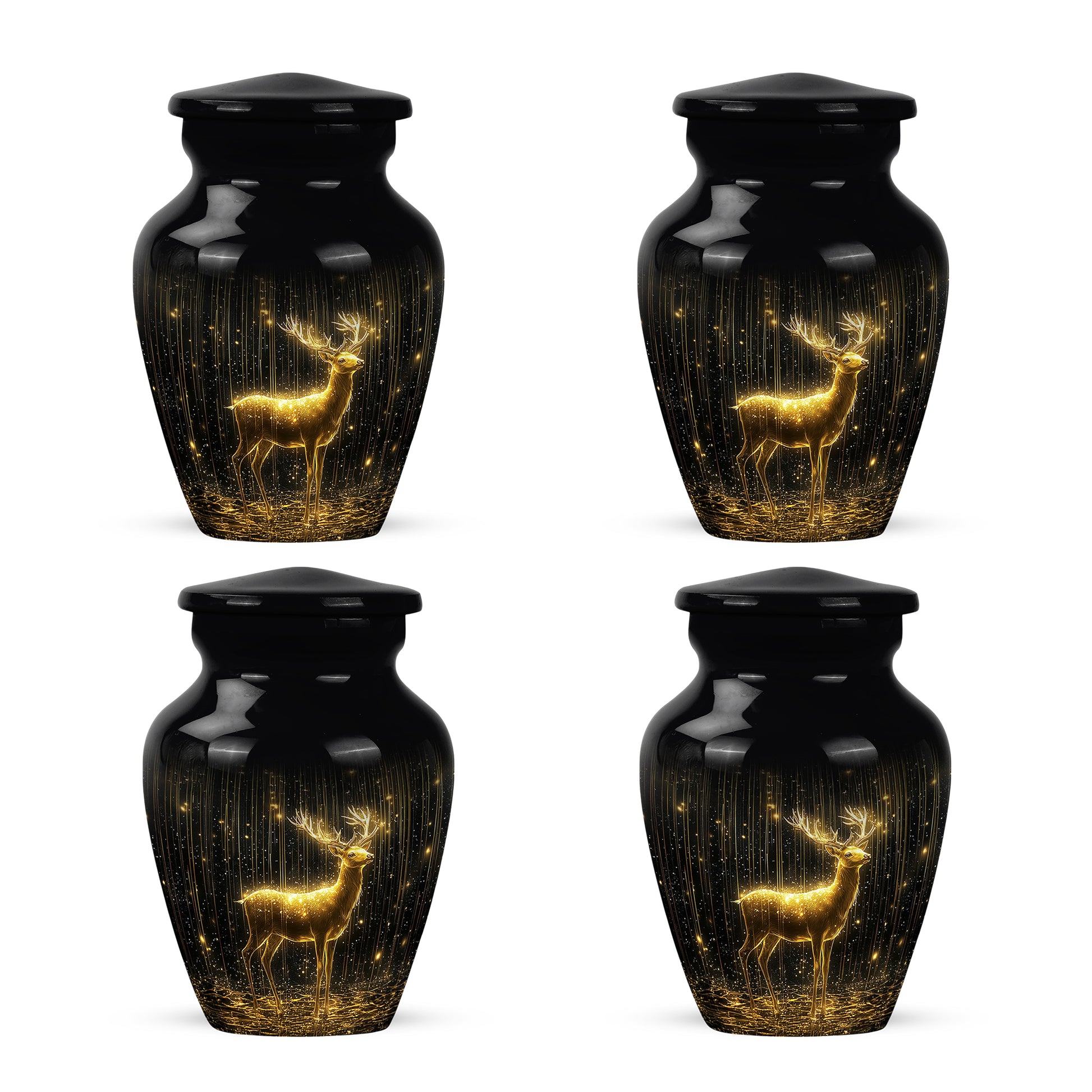 Midnight Black Deer Cremation Urn side profile showing urn shape - elegant classic deer relief with fine detailing - 10 inch aluminum urn for cremated remains