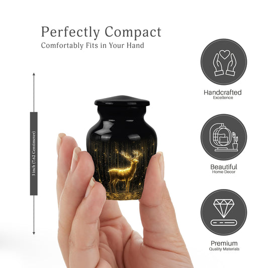 Onyx Black Deer Cremation Urn close-up of engraving and surface detail - elegant classic deer relief with fine detailing - mini keepsake memorial for portion of cremation ashes