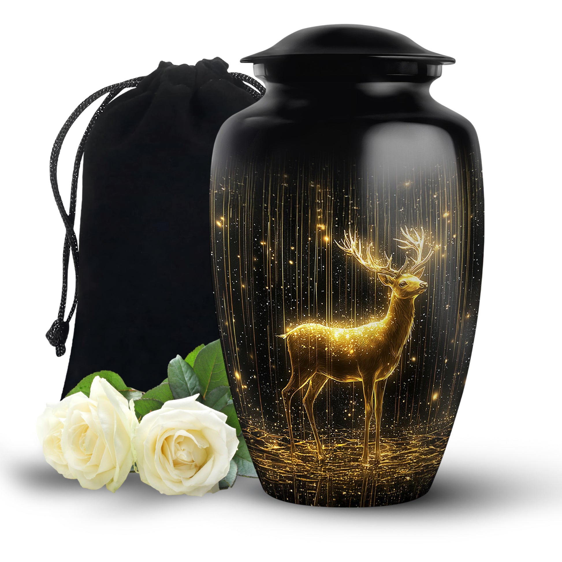 Ebony Deer Cremation Urn angled view of lid and engraved motif - timeless deer motif etched into premium metal - full-size 10 inch 200 cubic inch adult cremation urn
