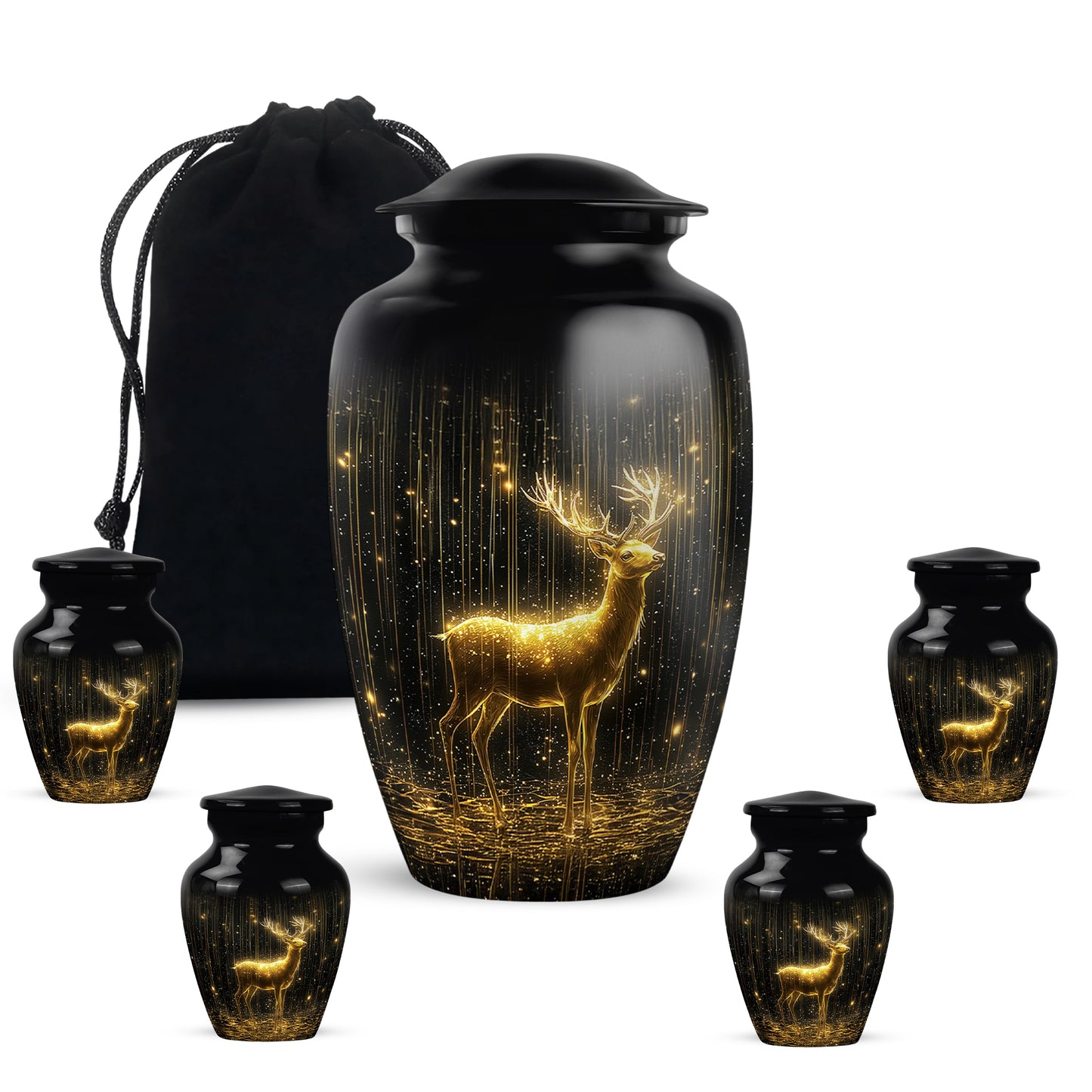 Dark Black Deer Cremation Urn top-down view of secure threaded lid - traditional deer engraving with hand-polished finish - memorial set with one large and four small urns