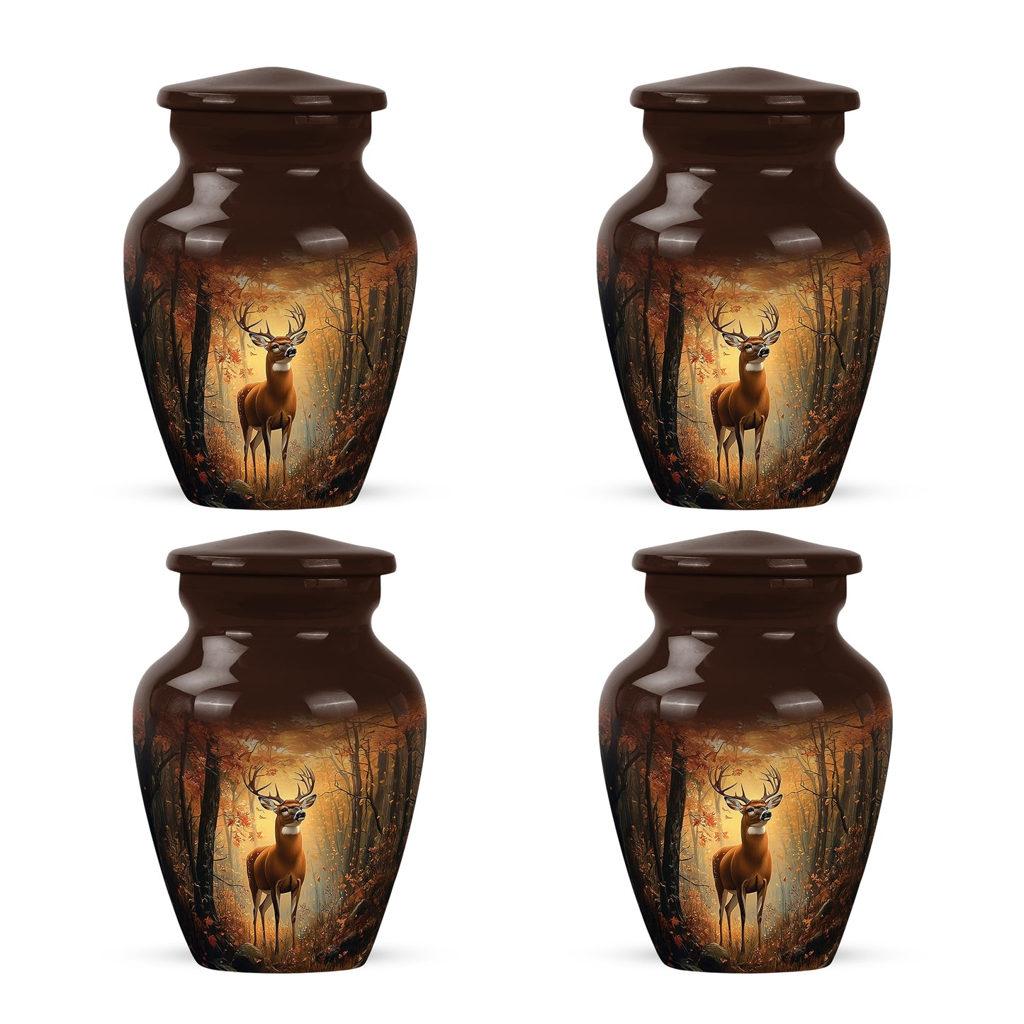 Matte Gold Deer Cremation Urn side profile showing urn shape - traditional deer engraving with hand-polished finish - 10 inch aluminum urn for cremated remains