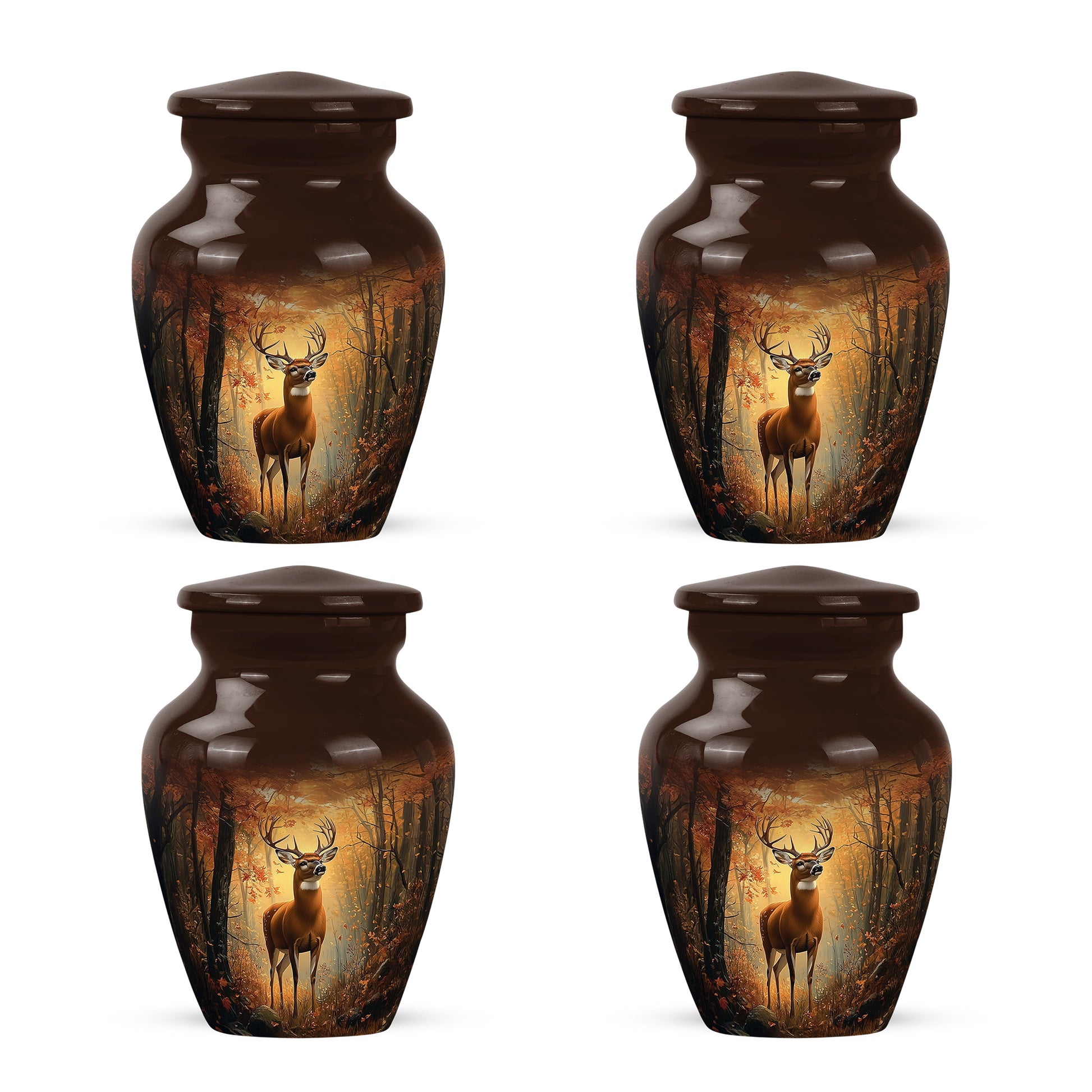 Matte Gold Deer Cremation Urn side profile showing urn shape - traditional deer engraving with hand-polished finish - 10 inch aluminum urn for cremated remains