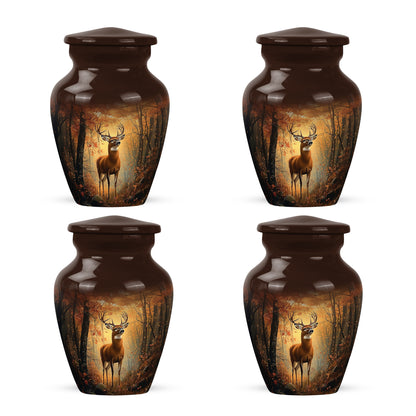 Matte Gold Deer Cremation Urn side profile showing urn shape - traditional deer engraving with hand-polished finish - 10 inch aluminum urn for cremated remains