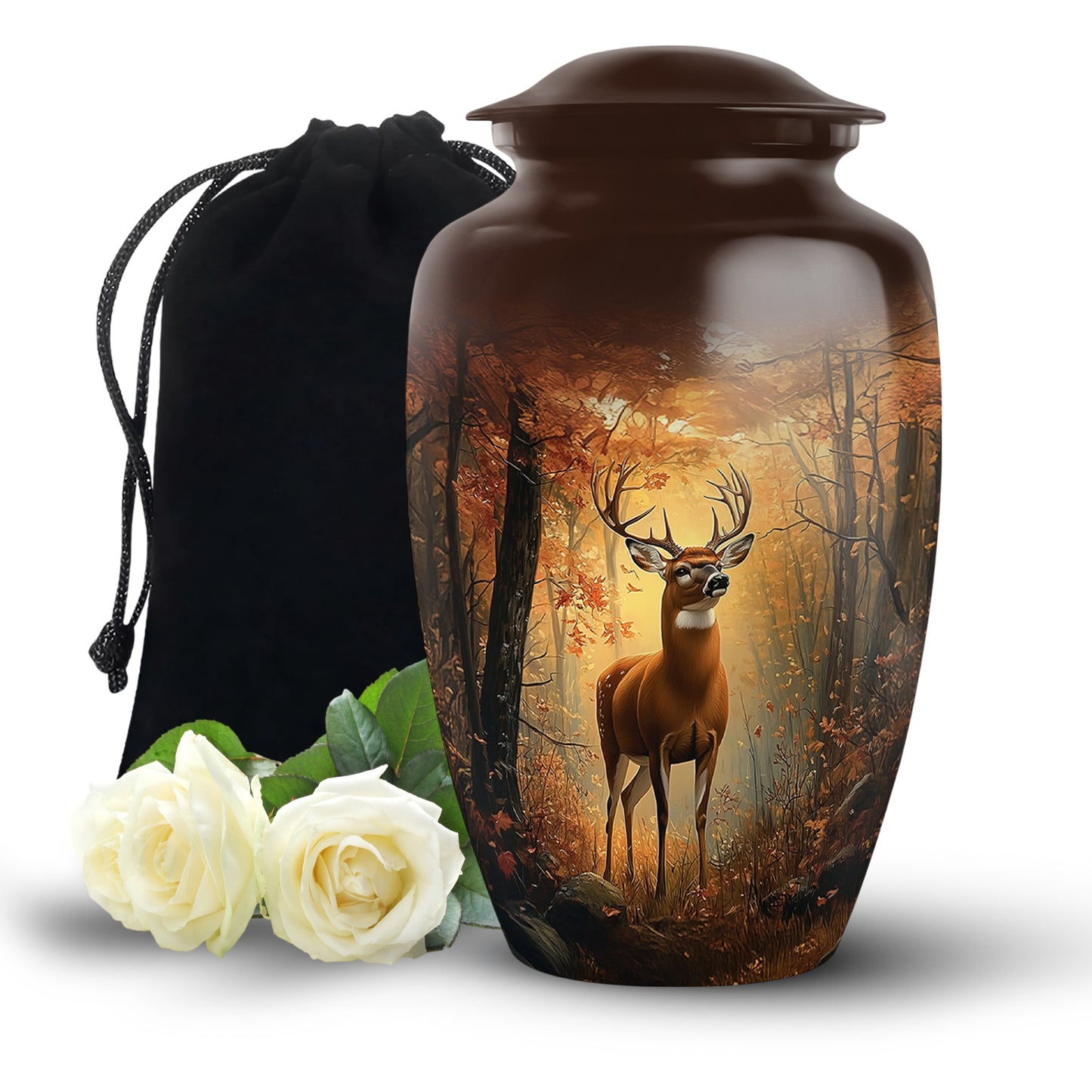 Burnished Gold Deer Cremation Urn angled view of lid and engraved motif - traditional deer engraving with hand-polished finish - full-size 10 inch 200 cubic inch adult cremation urn