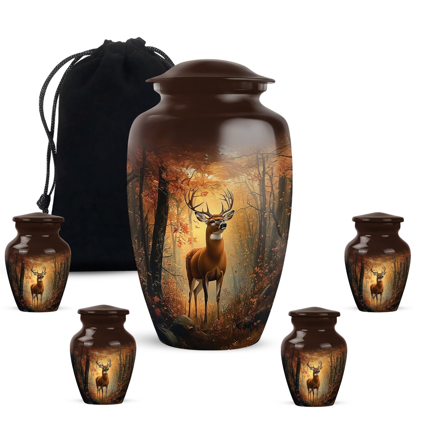 Matte Gold Deer Cremation Urn top-down view of secure threaded lid - elegant classic deer relief with fine detailing - memorial set with one large and four small urns