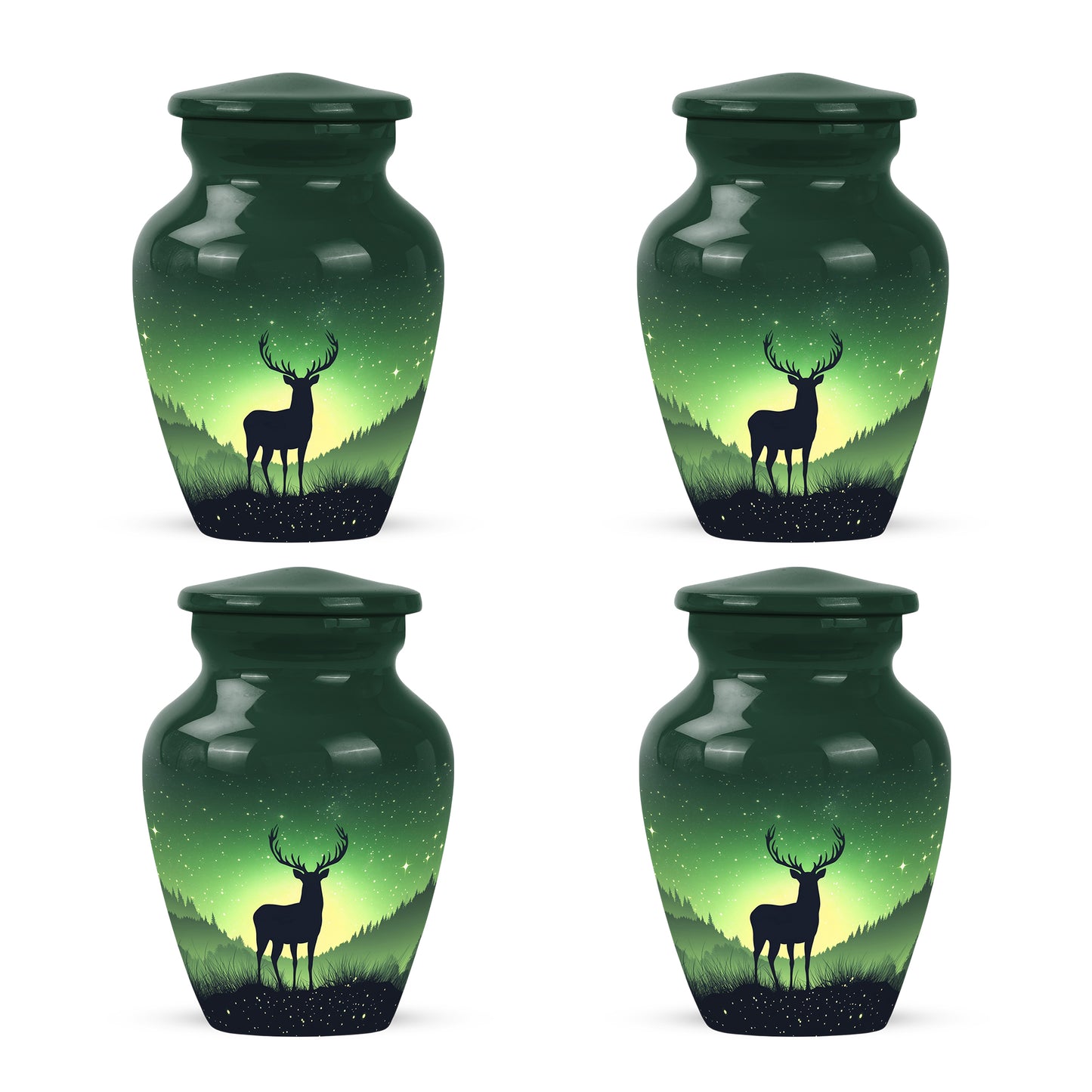 Jade Green Deer Cremation Urn side profile showing urn shape - classic sculpted deer pattern on smooth aluminum - 10 inch aluminum urn for cremated remains