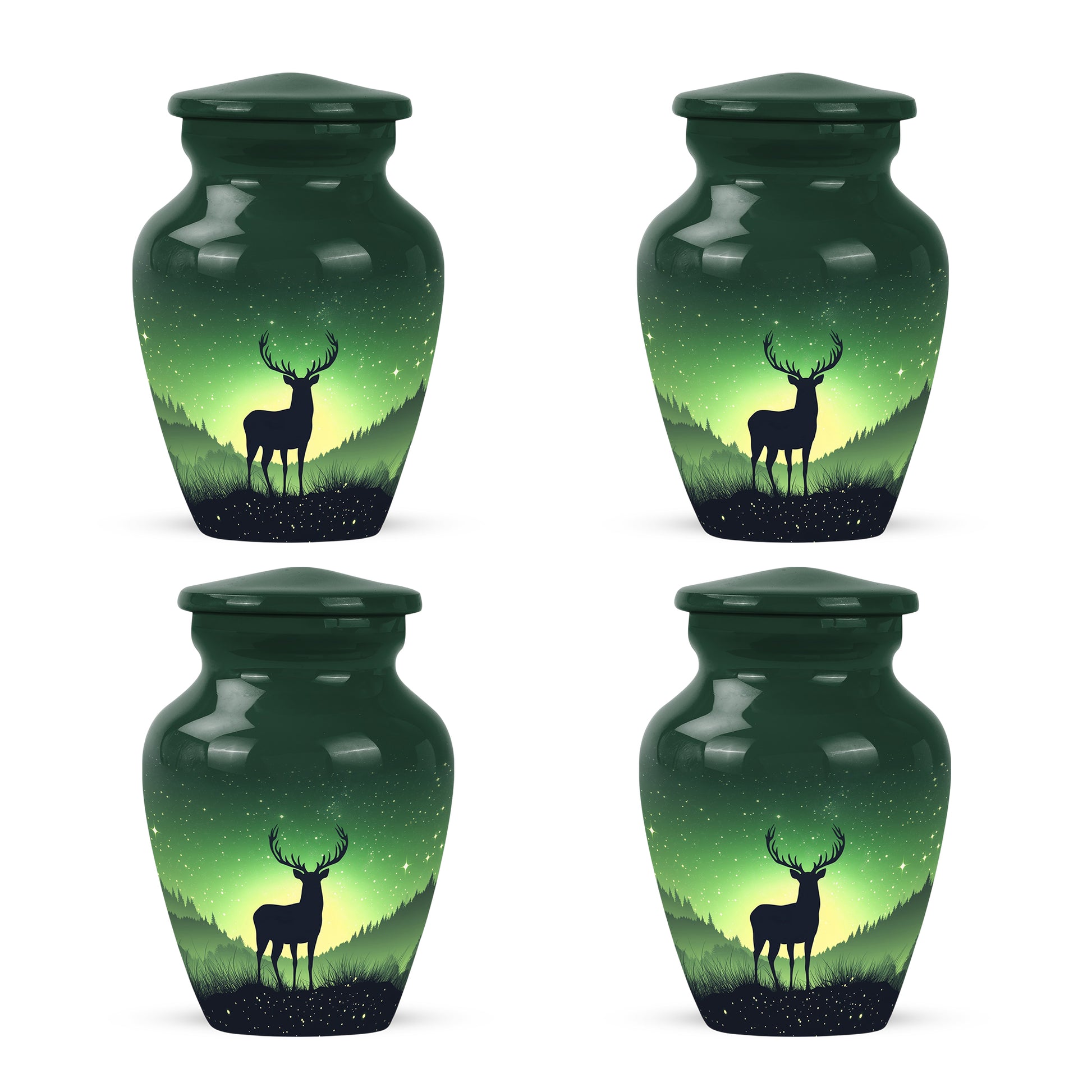 Jade Green Deer Cremation Urn side profile showing urn shape - classic sculpted deer pattern on smooth aluminum - 10 inch aluminum urn for cremated remains