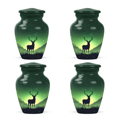 Jade Green Deer Cremation Urn side profile showing urn shape - classic sculpted deer pattern on smooth aluminum - 10 inch aluminum urn for cremated remains