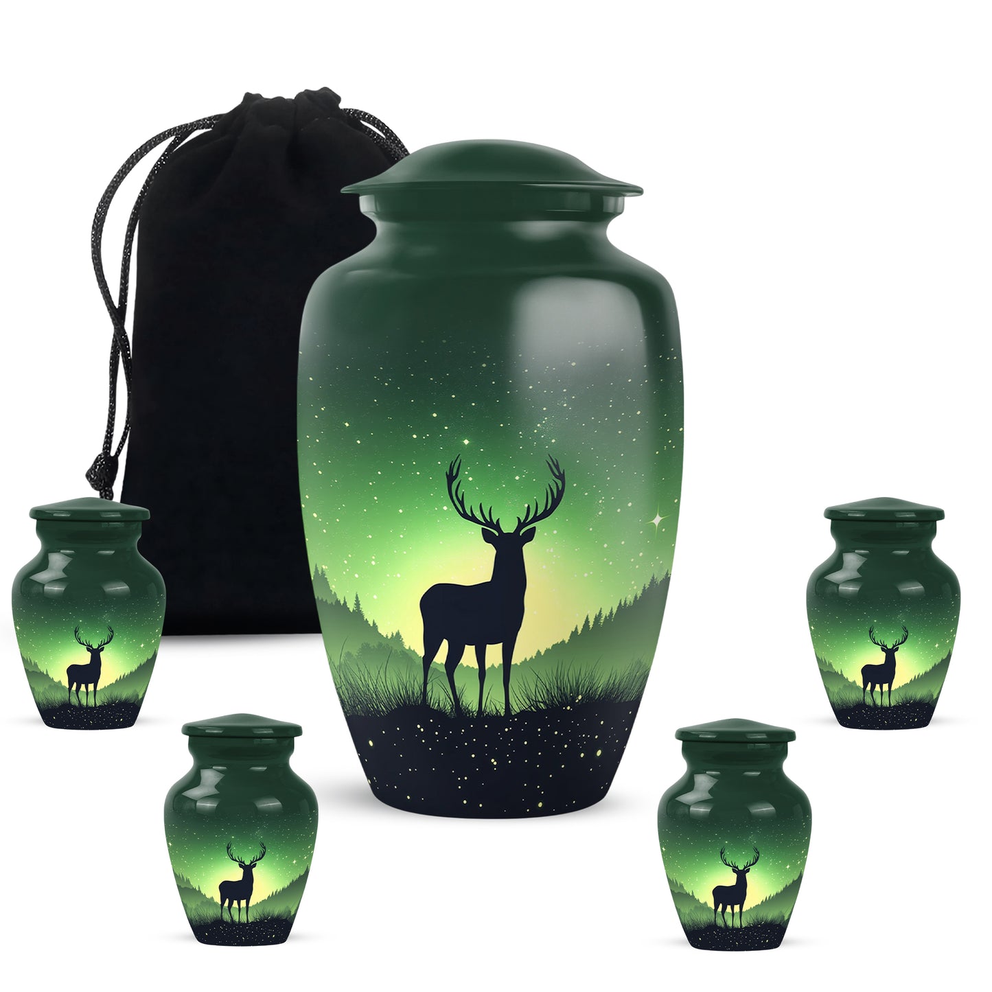 Hunter Green Deer Cremation Urn top-down view of secure threaded lid - elegant classic deer relief with fine detailing - memorial set with one large and four small urns