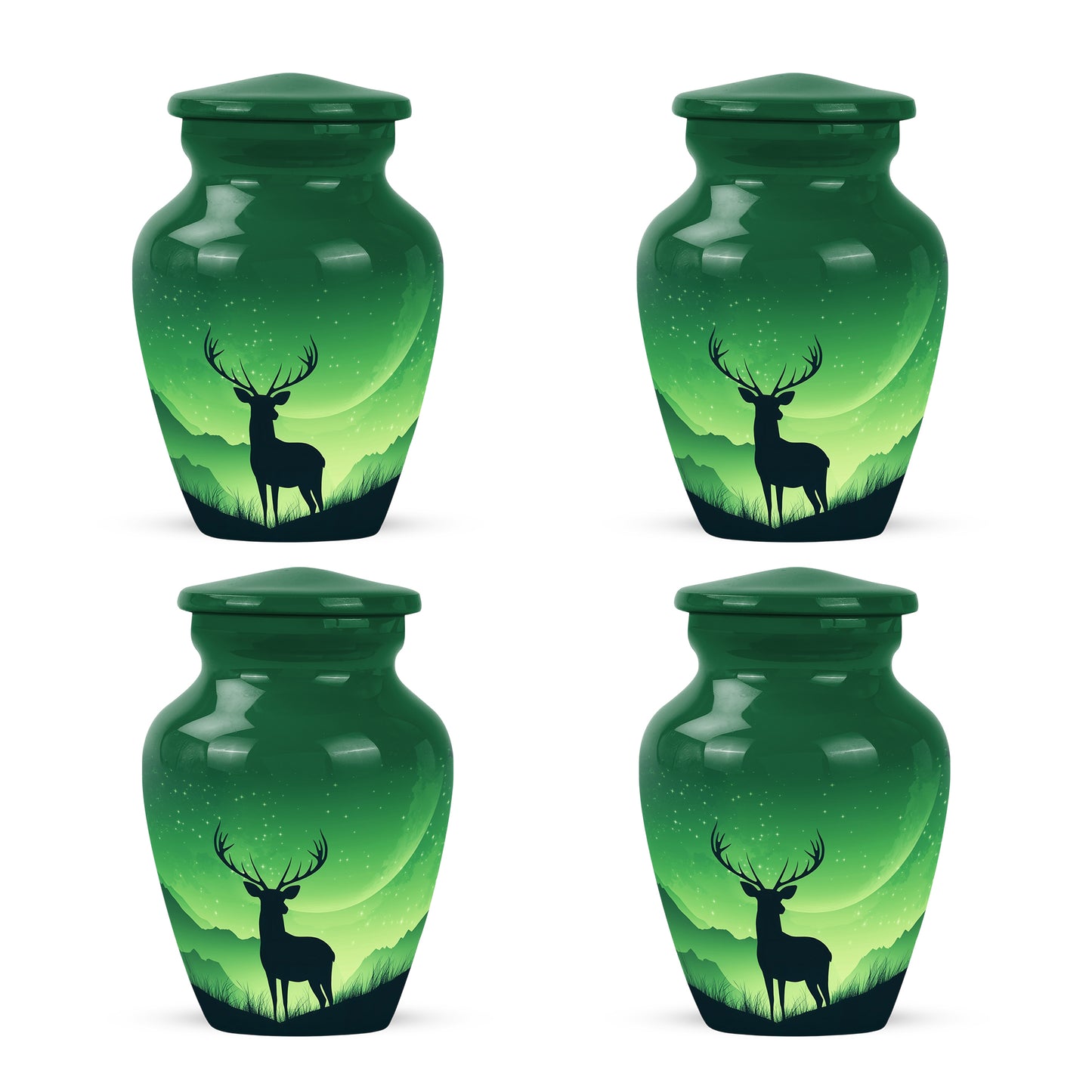 Jade Green Deer Cremation Urn side profile showing urn shape - timeless deer motif etched into premium metal - 10 inch aluminum urn for cremated remains