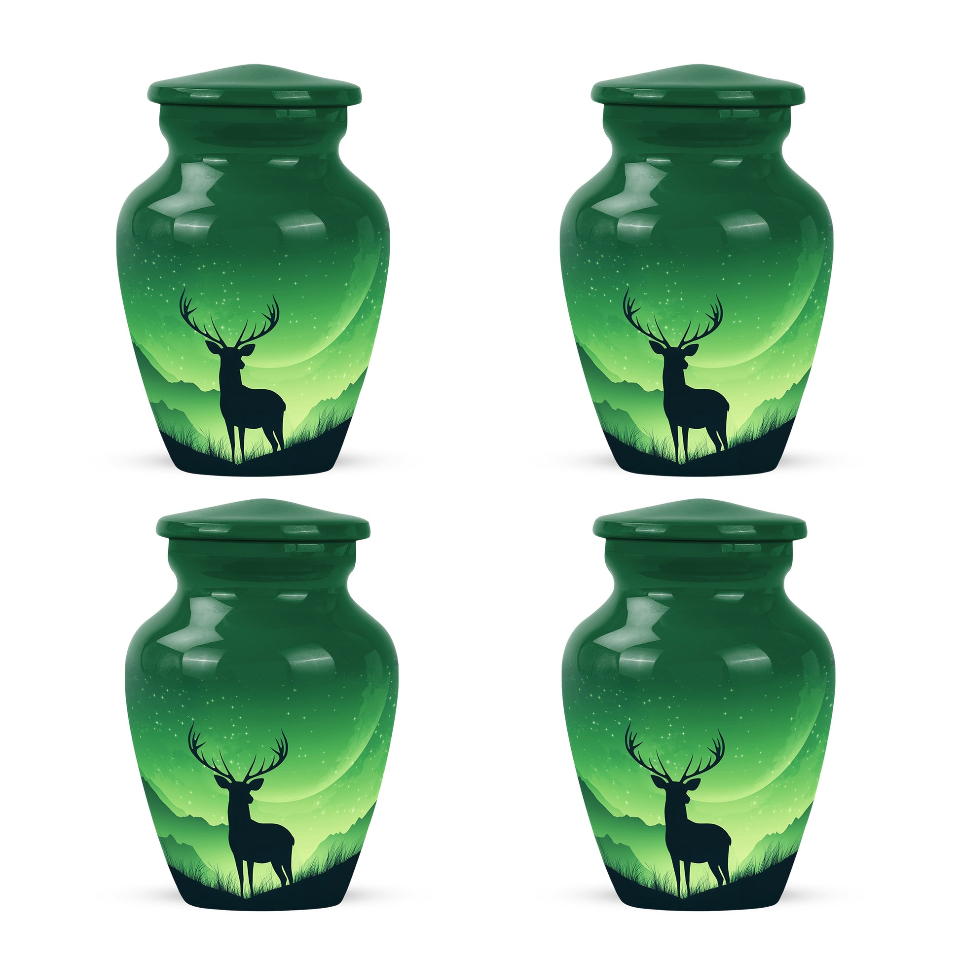 Jade Green Deer Cremation Urn side profile showing urn shape - timeless deer motif etched into premium metal - 10 inch aluminum urn for cremated remains