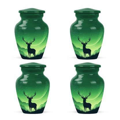 Jade Green Deer Cremation Urn side profile showing urn shape - timeless deer motif etched into premium metal - 10 inch aluminum urn for cremated remains