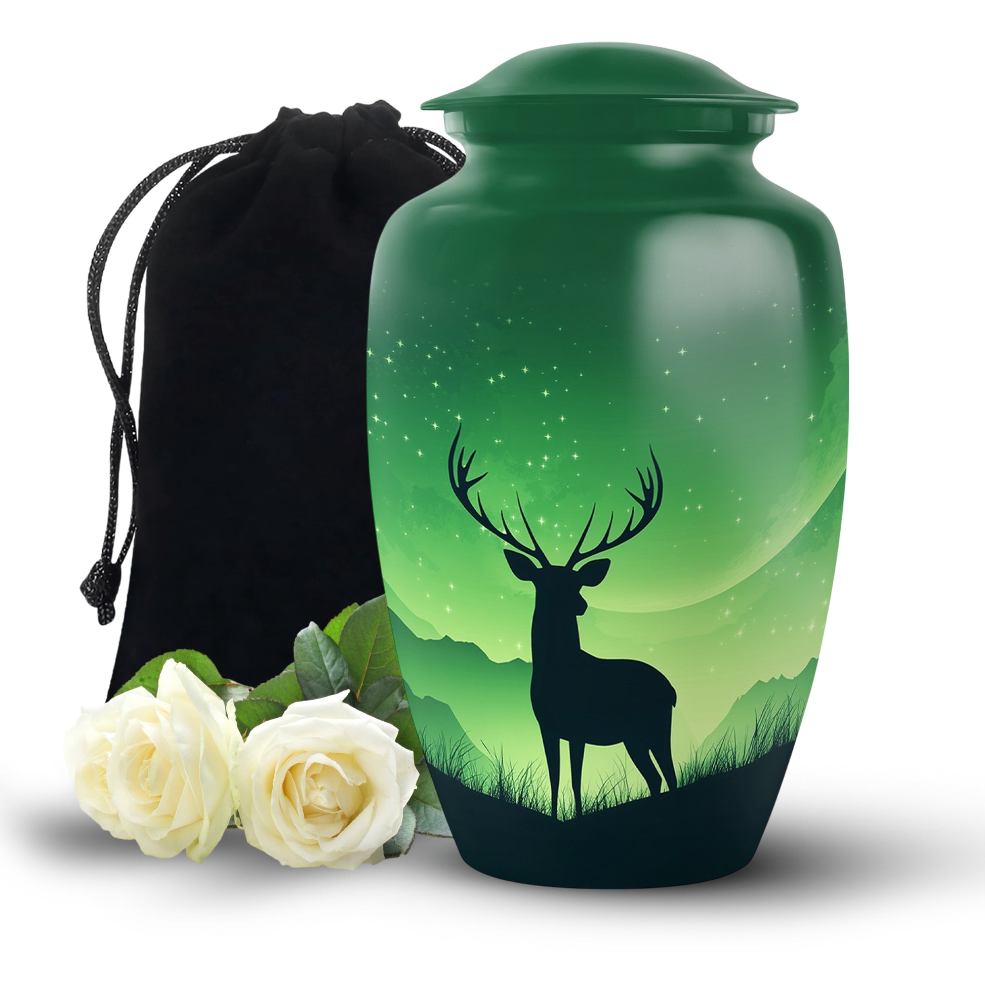 Olive Green Deer Cremation Urn angled view of lid and engraved motif - traditional deer engraving with hand-polished finish - full-size 10 inch 200 cubic inch adult cremation urn