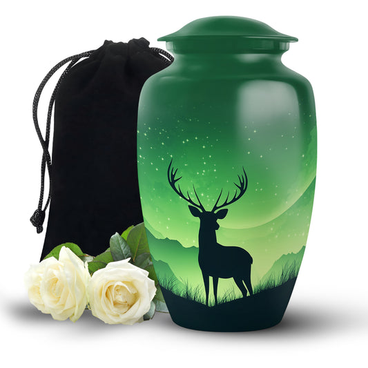 Olive Green Deer Cremation Urn angled view of lid and engraved motif - traditional deer engraving with hand-polished finish - full-size 10 inch 200 cubic inch adult cremation urn
